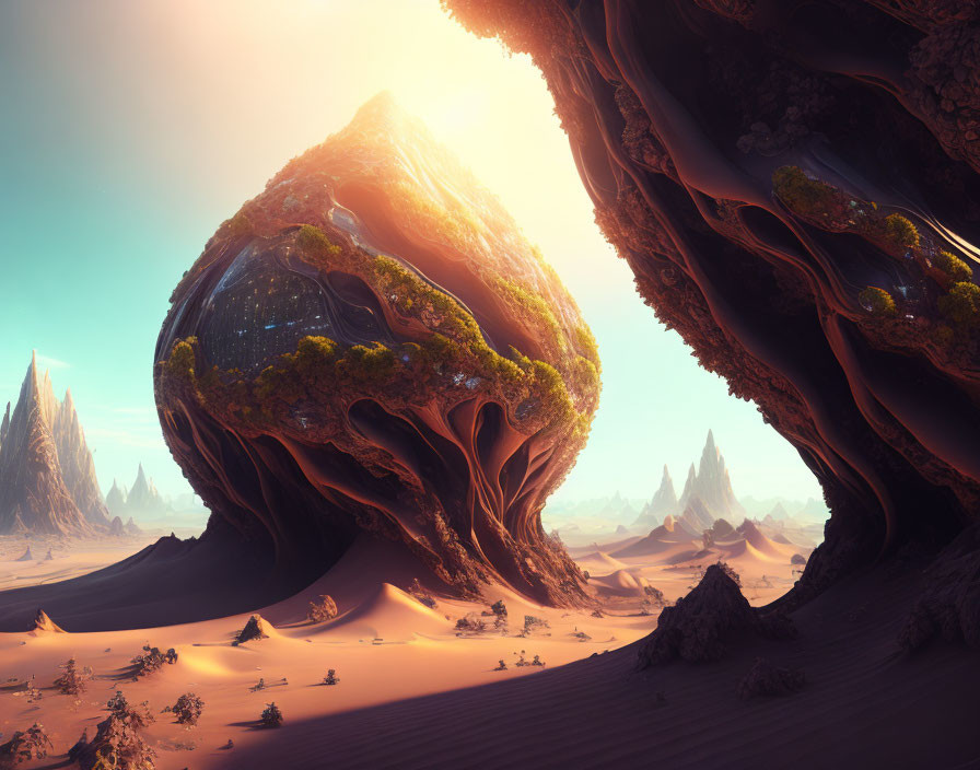 Surreal landscape: colossal rock formations, lush vegetation, desert backdrop.