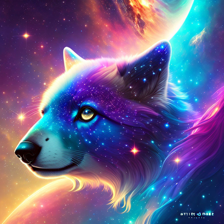 Vibrant wolf digital art with cosmic star pattern on fur