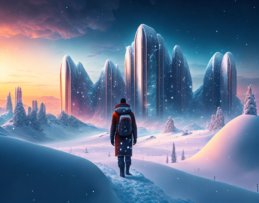 Person in winter gear gazes at futuristic structures in snowy twilight landscape