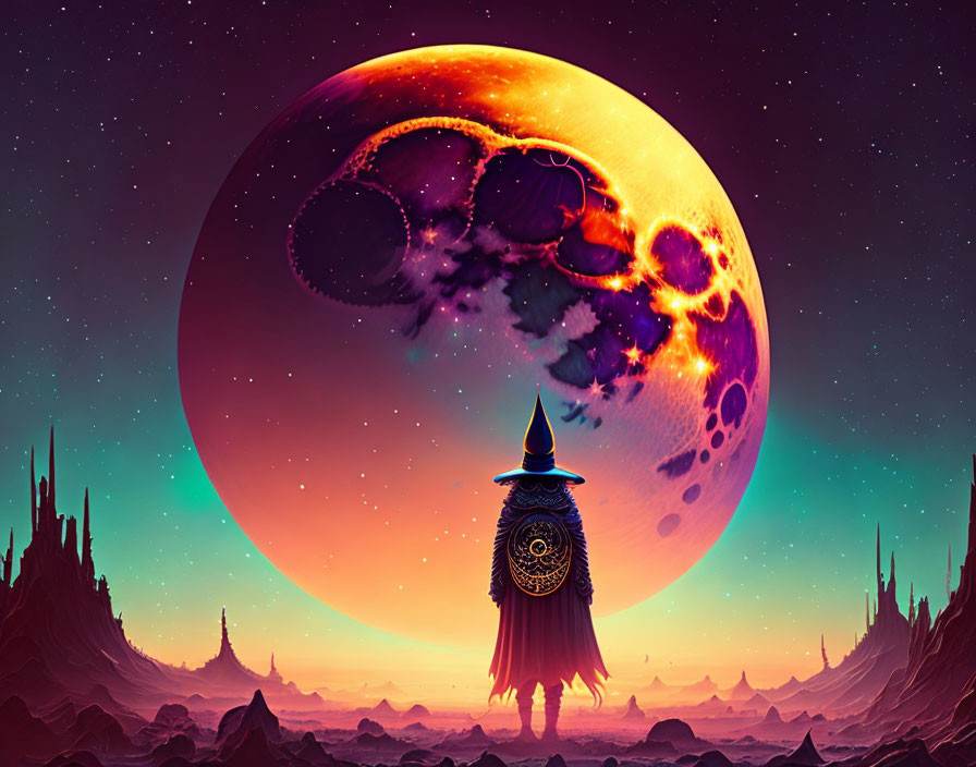 Wizard Confronting Fiery Giant on Surreal Twilight Landscape