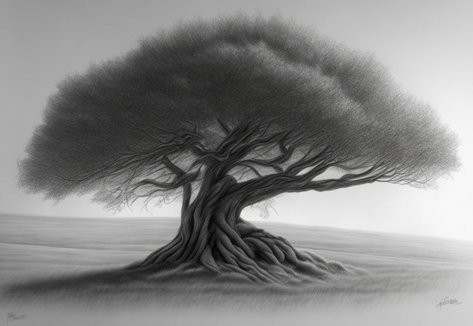 Monochrome sketch of windswept tree on barren landscape