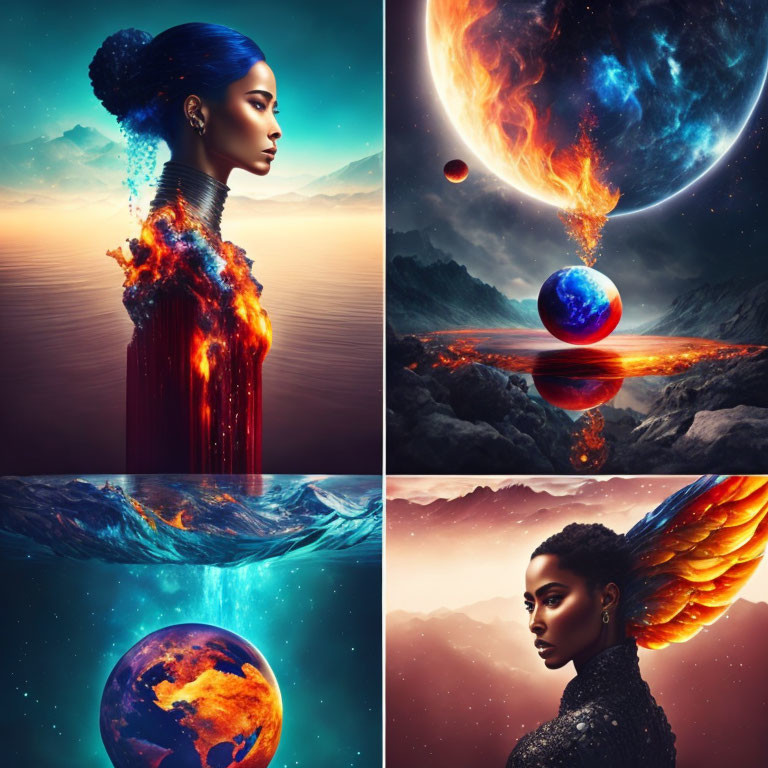 Collage of Woman Blending Cosmic and Natural Elements