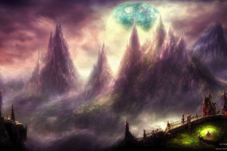 Fantastical landscape with purple mountains, castle, misty valleys, and ethereal glow