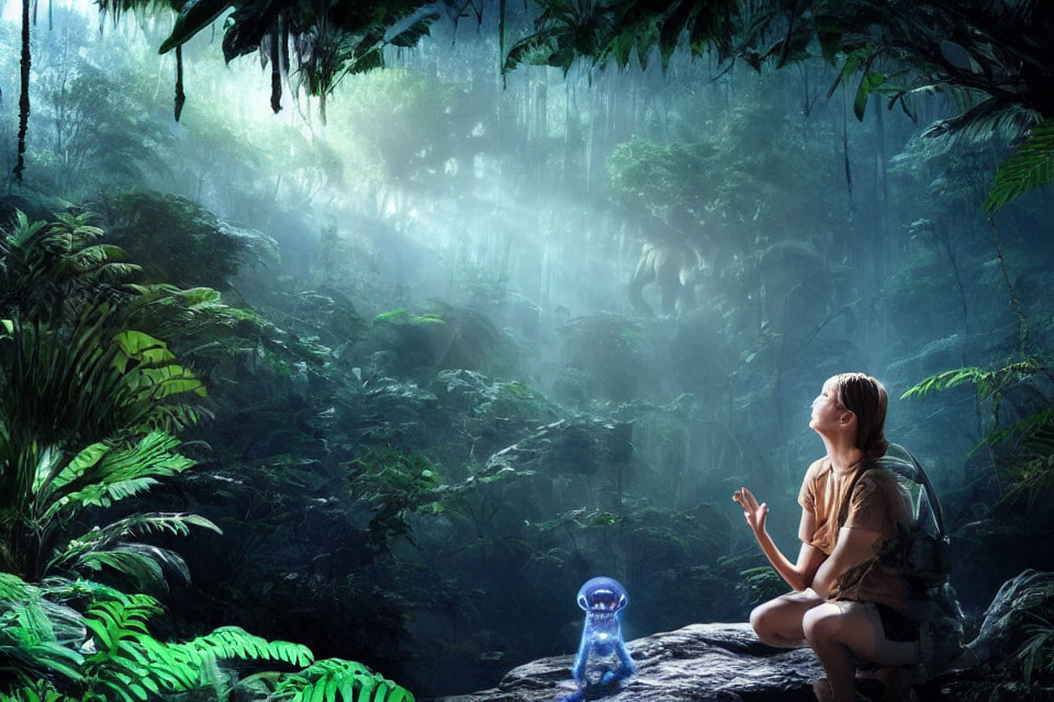 Person sitting with small blue creature in misty jungle with filtered light