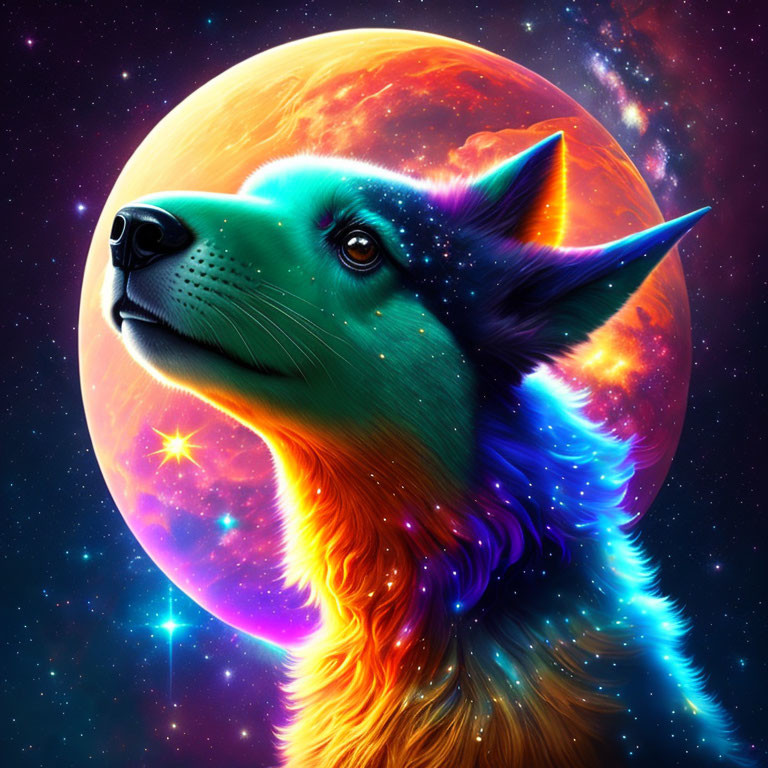 Colorful Cosmic Dog Head Artwork with Celestial Background