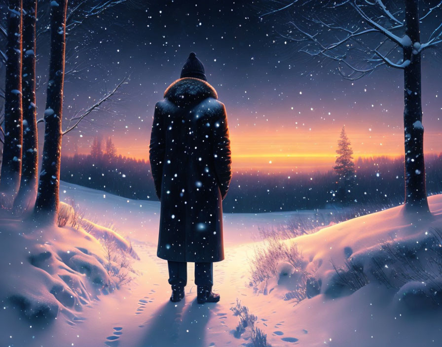 Person in coat standing in snowy landscape at sunset with starry sky