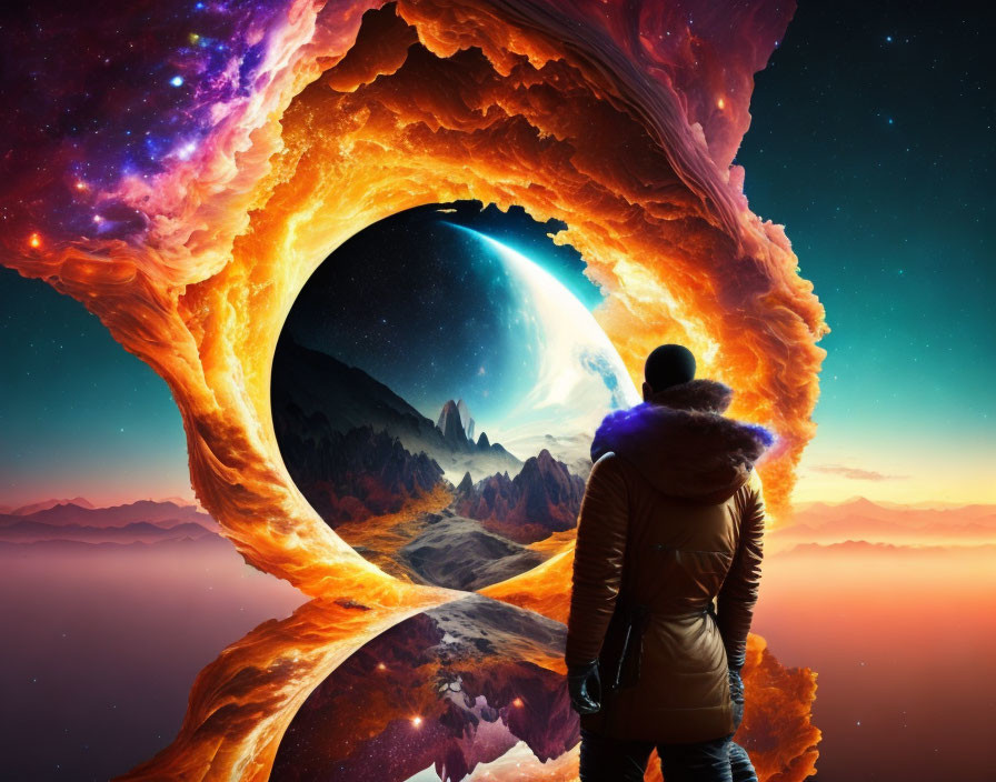 Person standing before cosmic portal with surreal space scene and alien planet.