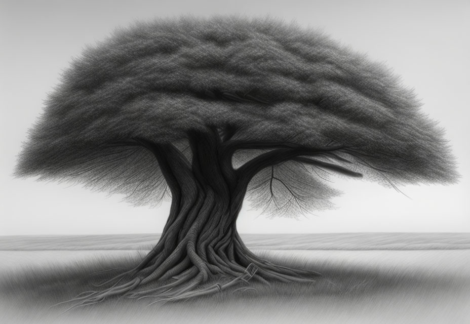 Monochromatic artistic rendering of a solitary tree with thick trunk and cloud-like canopy