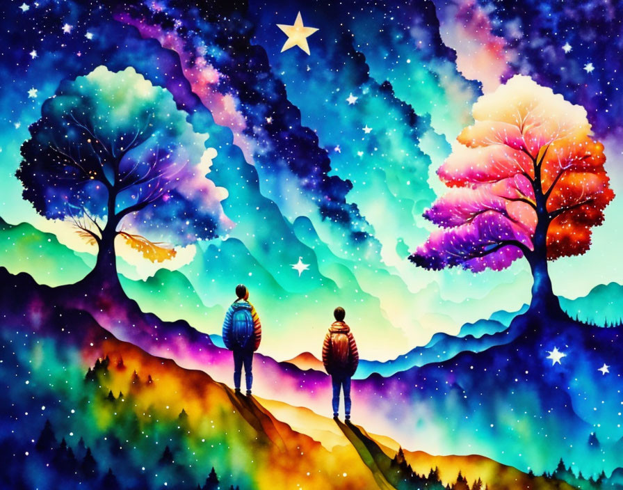 Couple admiring colorful sky and trees on hilltop