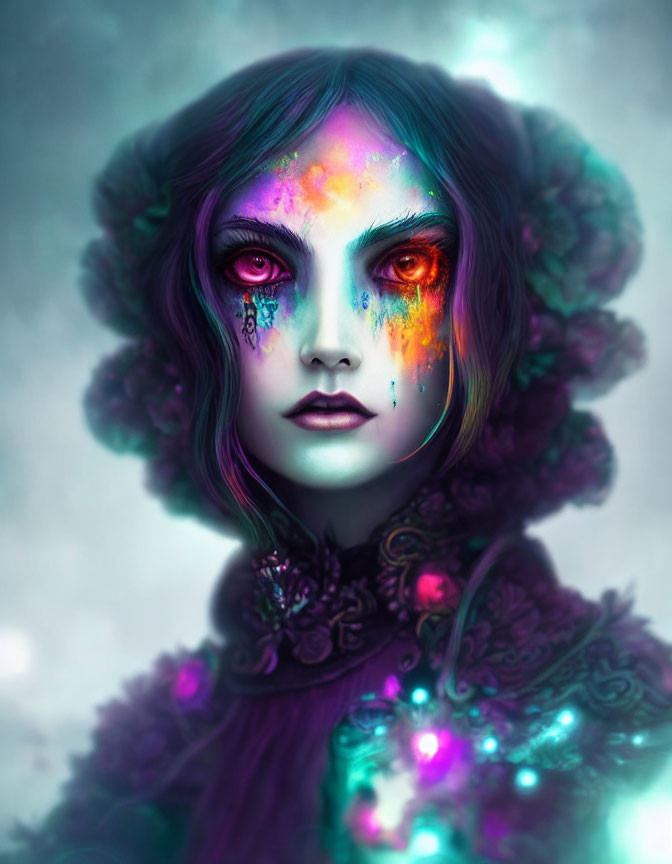 Colorful Fantasy Portrait with Vibrant Makeup and Floral Adornments