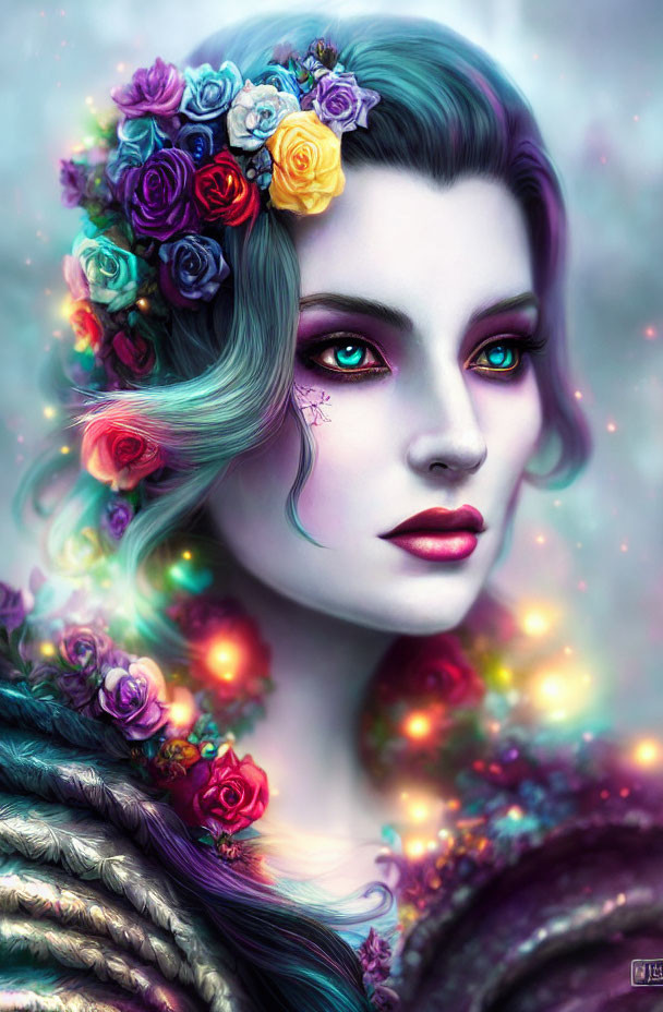 Colorful digital painting of a woman with multicolored eyes, teal hair, rose crown, and