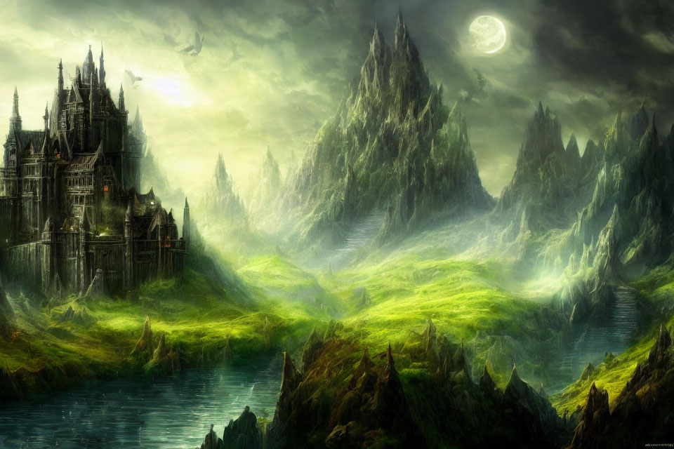 Mystical landscape with grand castle, mountains, green fog, lake, and full moon