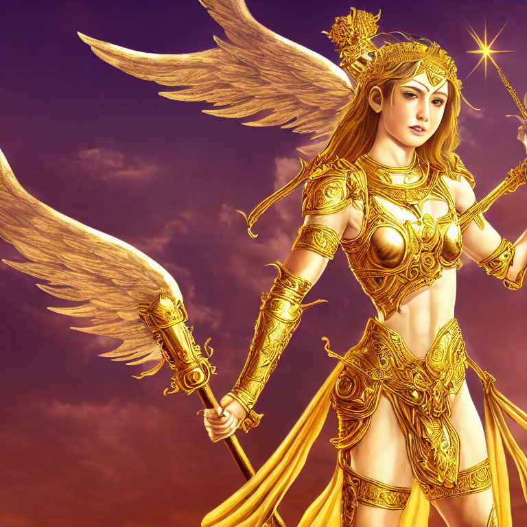 Majestic female warrior digital artwork with golden armor and wings against purplish sky