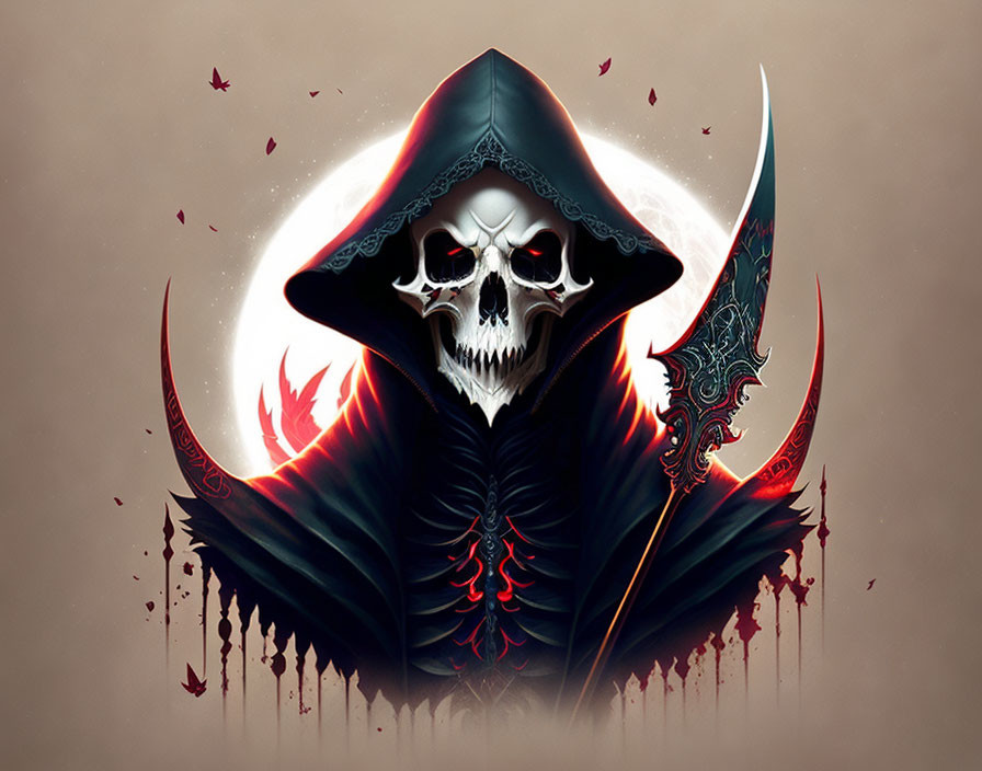 Stylized skull with hooded cloak and ornate weapons in moonlit scene