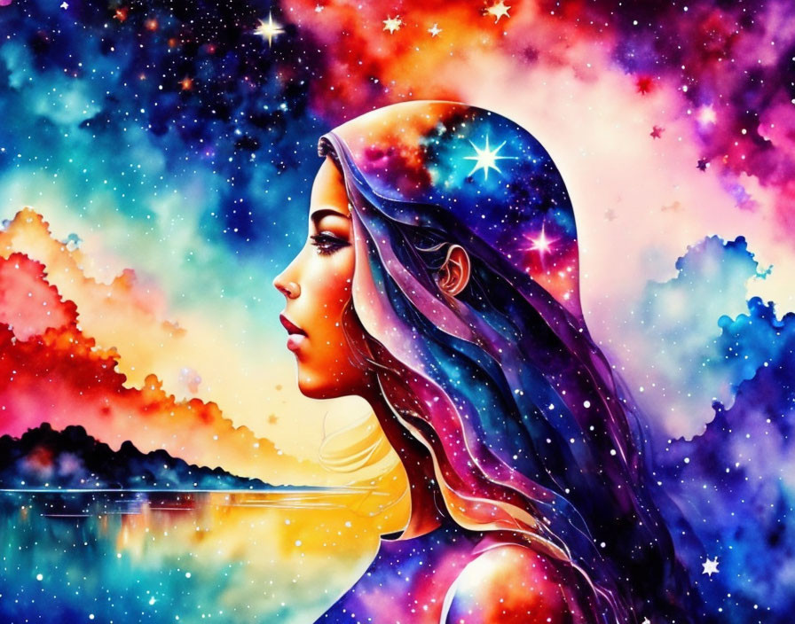 Colorful Woman's Profile in Cosmic Sunset Scene