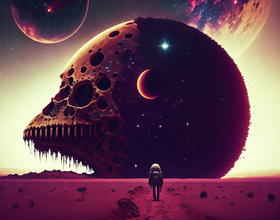 Astronaut explores alien planet with giant skull under multiple moons