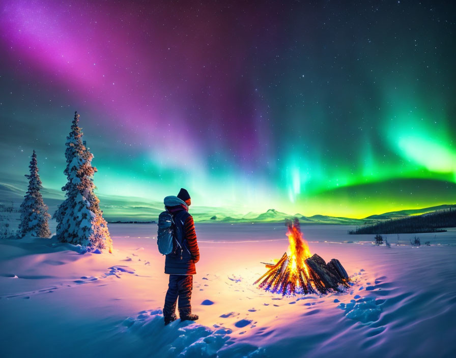 Person by Campfire Under Aurora Borealis in Snowy Night