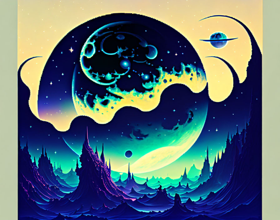 Surreal cosmic landscape with moon, planets, stars, and mystical terrain