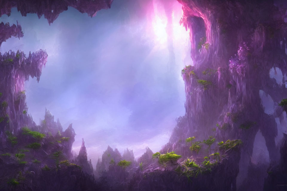 Ethereal cave with pink light, lush greenery, and rocky formations