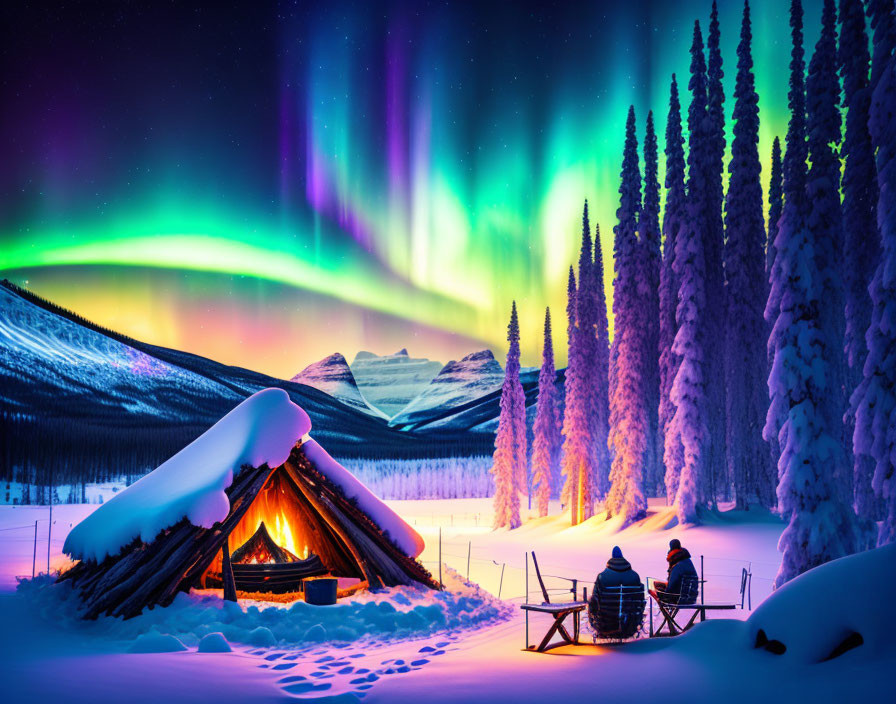 Colorful aurora borealis above snowy landscape with tent, person, and trees