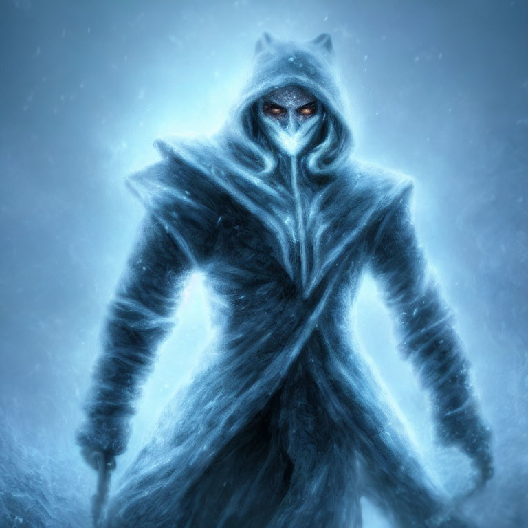 Mysterious Figure in Hooded Cloak with Glowing Eyes in Snowy Scene