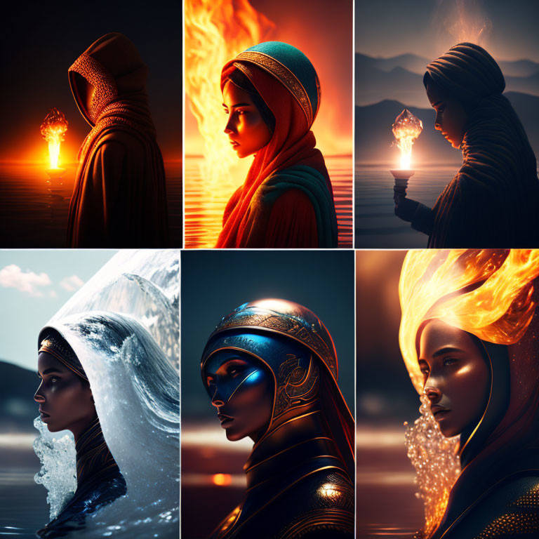 Six Artistic Portraits of Woman in Dramatic Lighting with Fire, Water, and Crystals