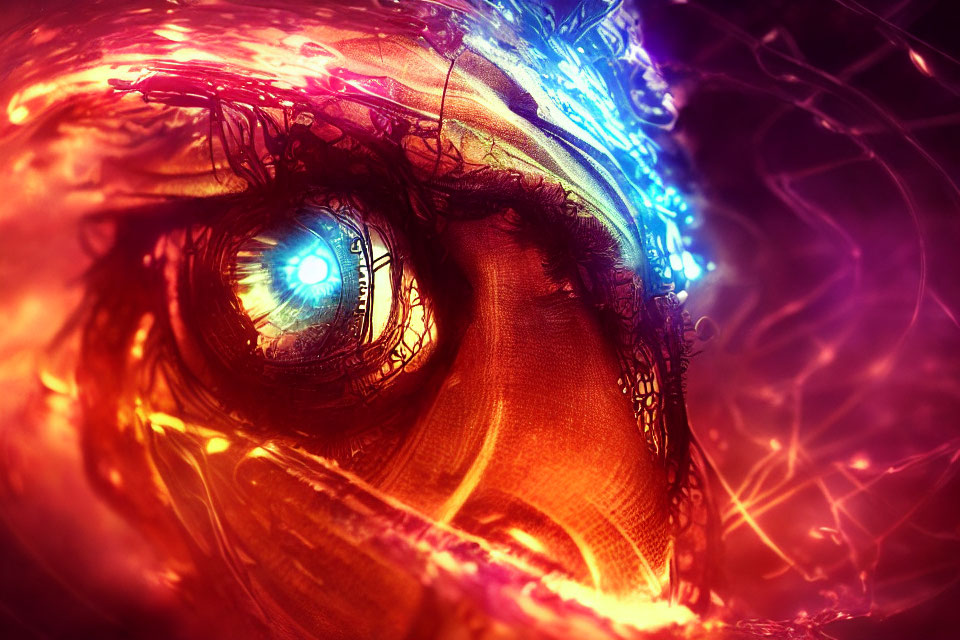 Detailed Close-Up Digital Artwork of Human Eye with Intricate Patterns and Glowing Neon Colors