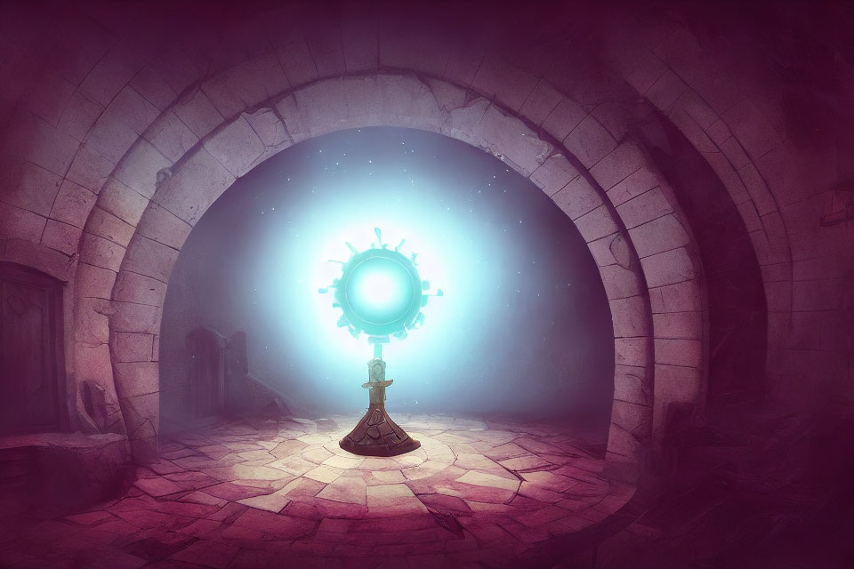 Mystical glowing orb with cog-like structure in ancient stone chamber