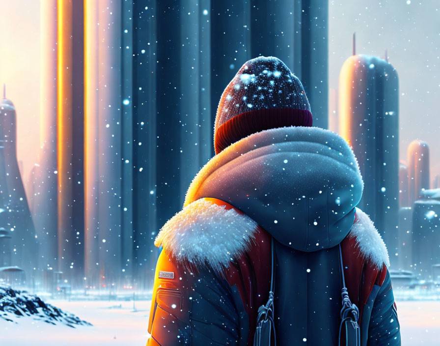 Person in winter jacket gazes at futuristic snowy cityscape at dusk