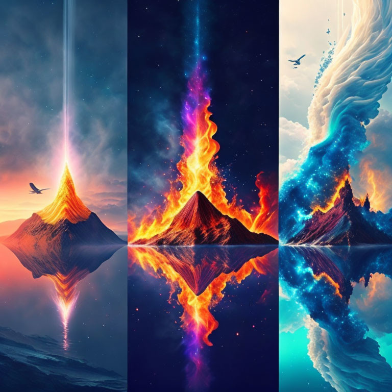 Mountain Peak Triptych: Celestial, Fiery, and Aquatic Themes with Birds, Stars