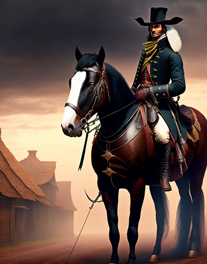 Digital artwork: 18th-century military officer on horse with village and dramatic sky