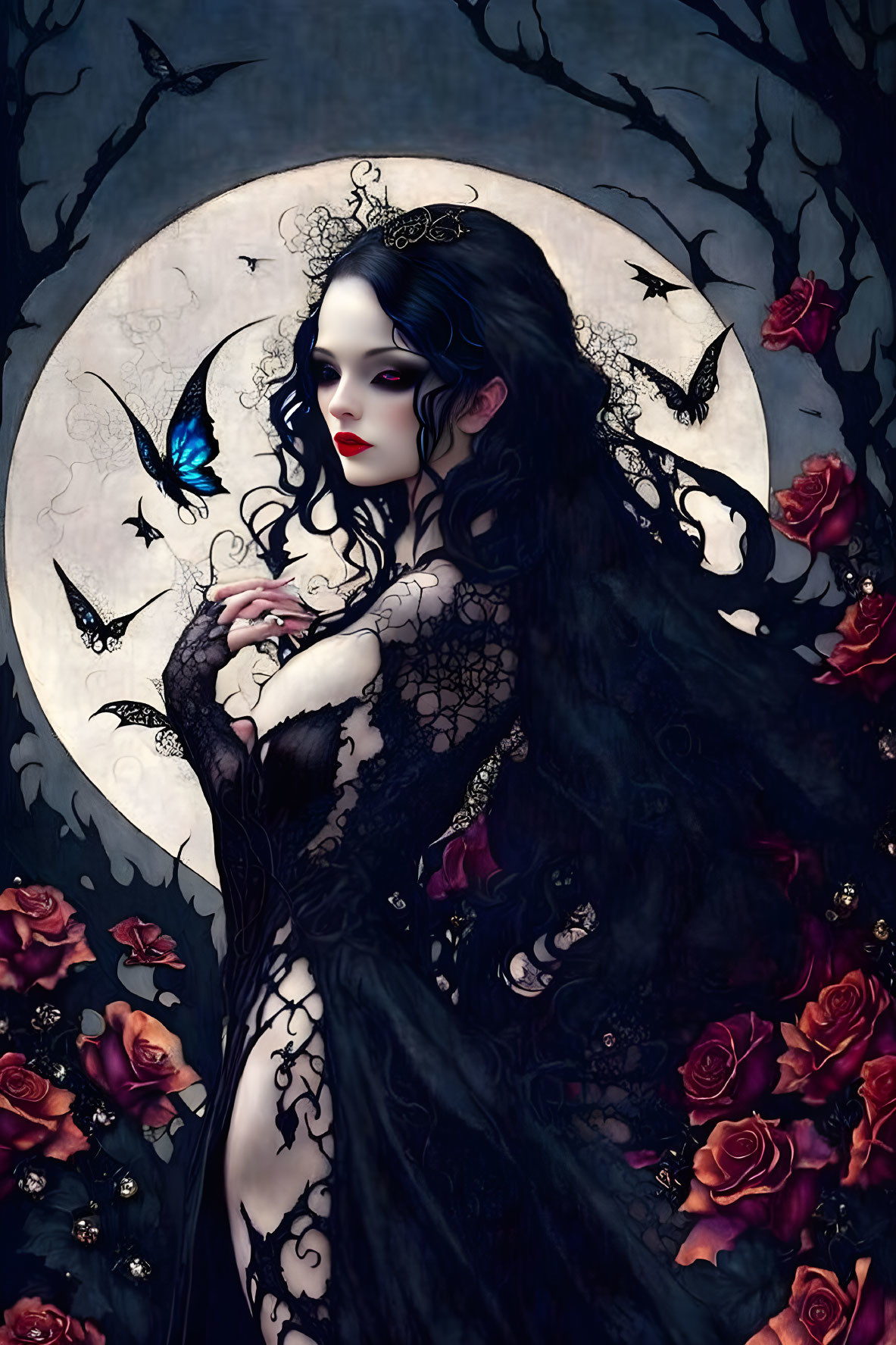 Gothic woman with black hair in lace dress under full moon