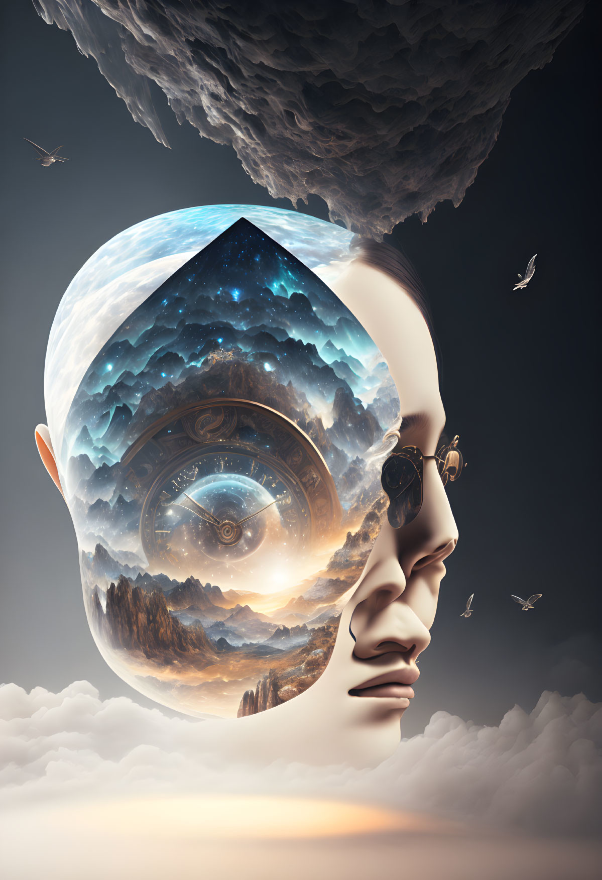 Surreal head with cosmic top revealing starry eye against cloudy backdrop