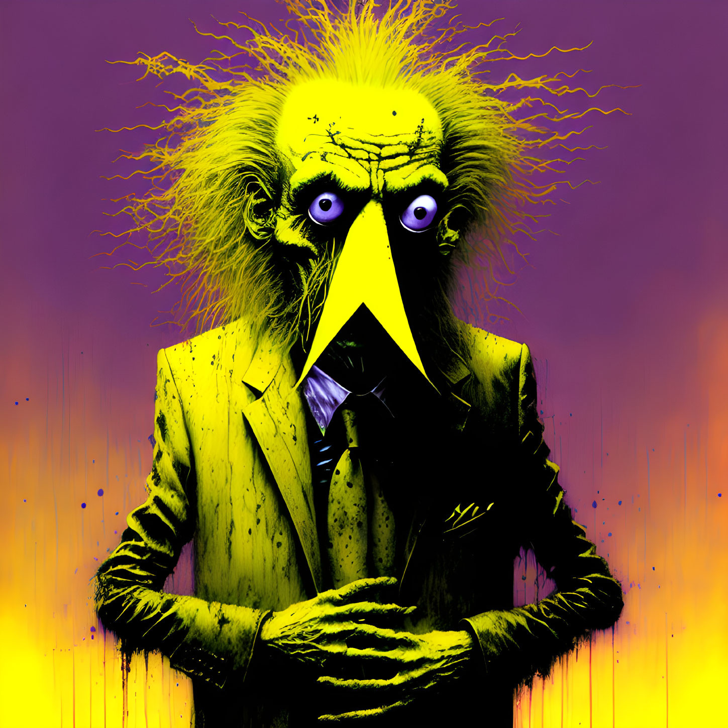 Colorful Character Illustration with Yellow Beak and Suit on Purple Background