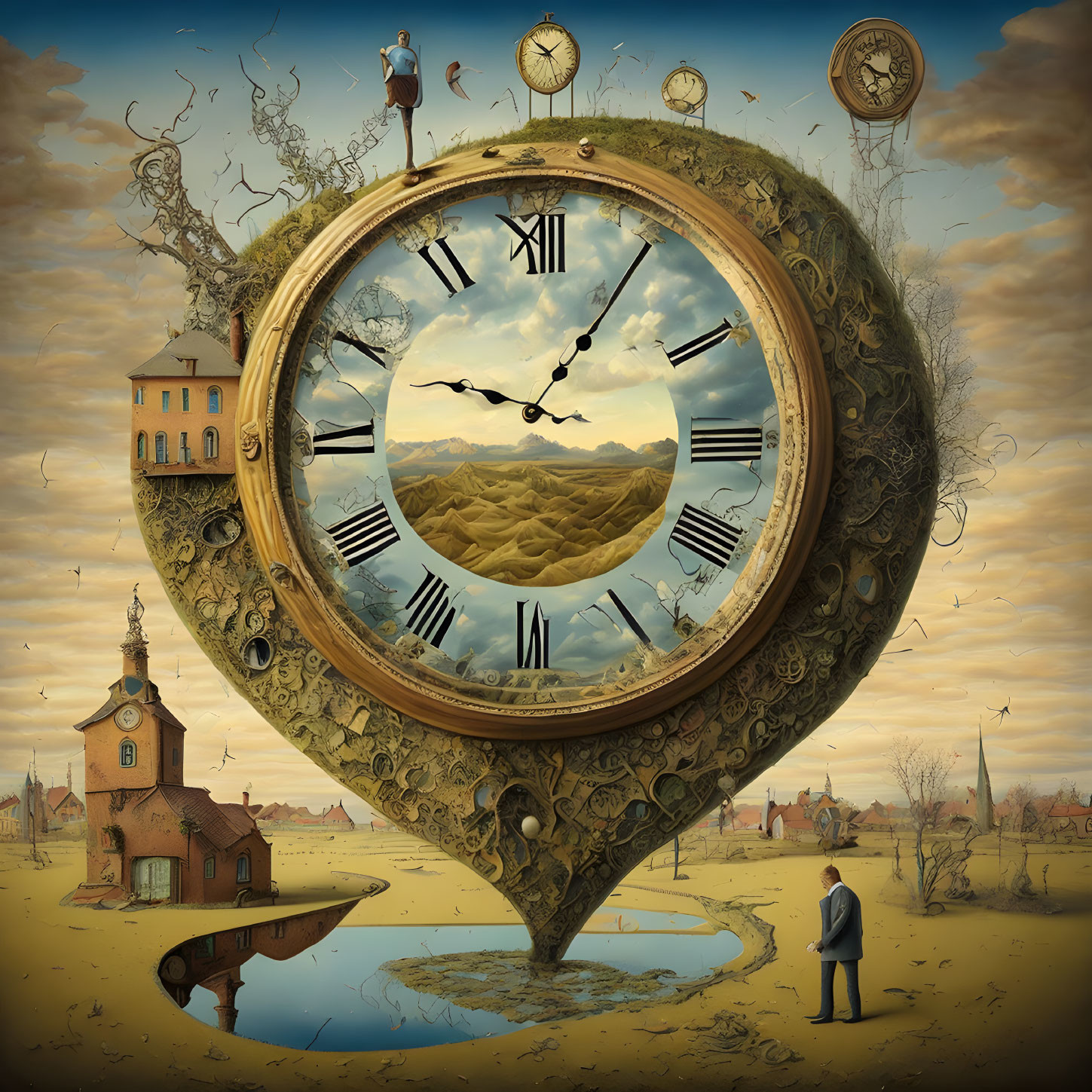 Surreal landscape with oversized ornate clock, piano keys, village, church, scattered clocks,