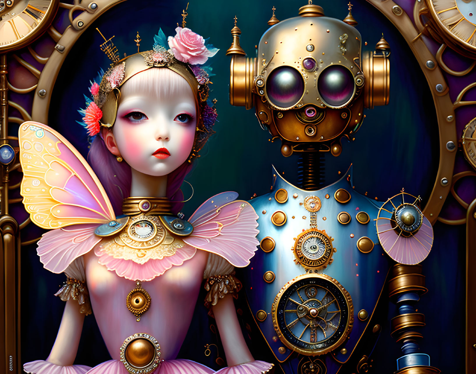 Whimsical fairy and steampunk robot in circular setting