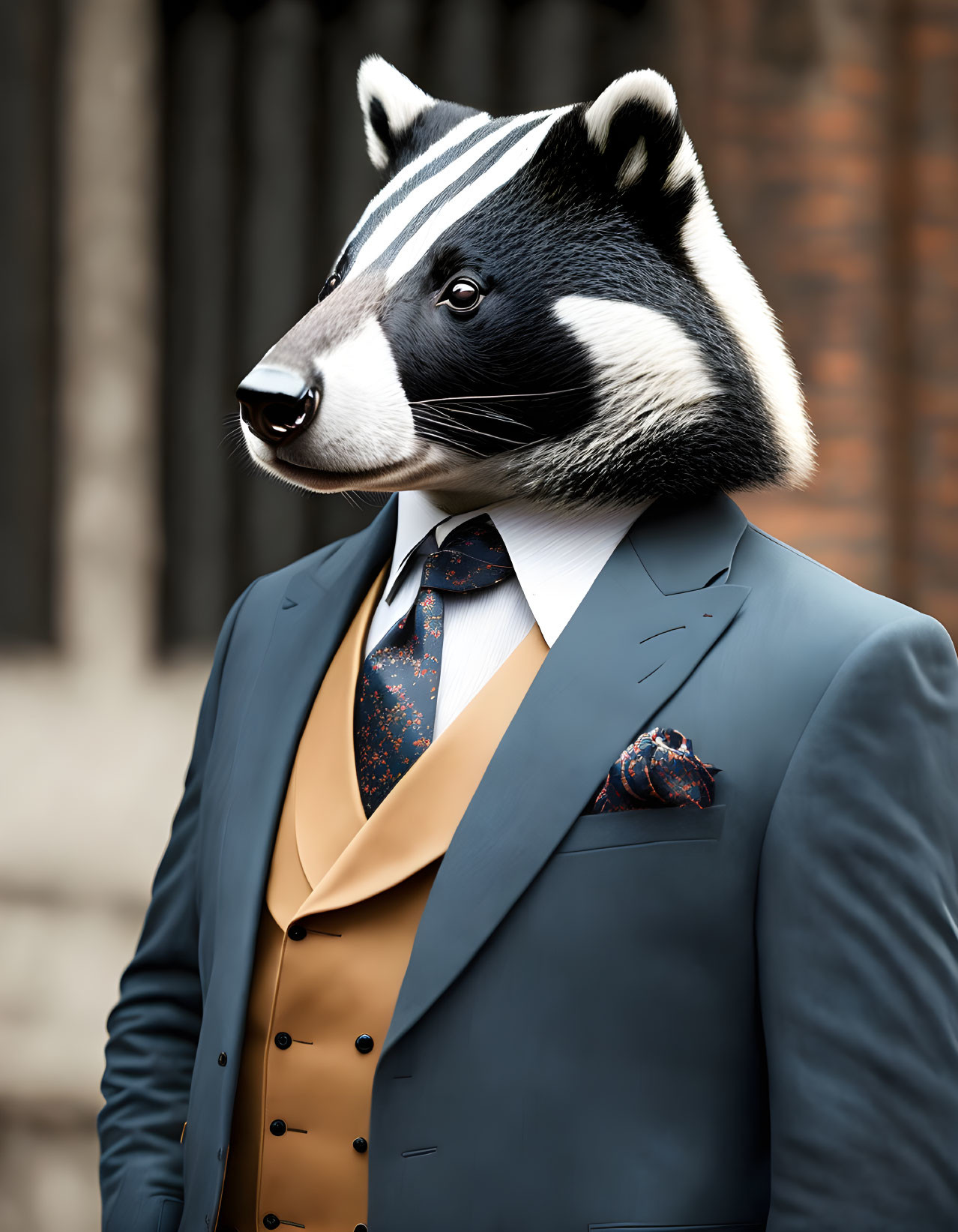 Human with Badger Head Wearing Blue Suit and Yellow Vest