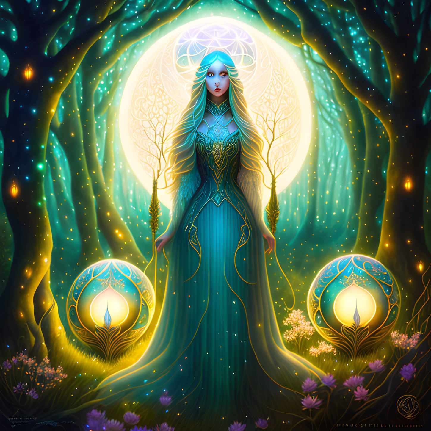 Blue-haired woman in mystical forest with glowing lanterns and luminous moon halo