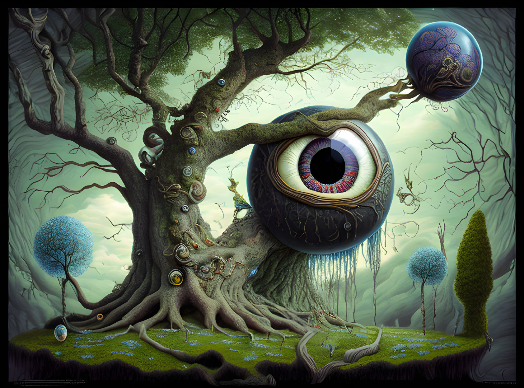 Giant tree with eye, orbs, intricate branches, and colorful trees