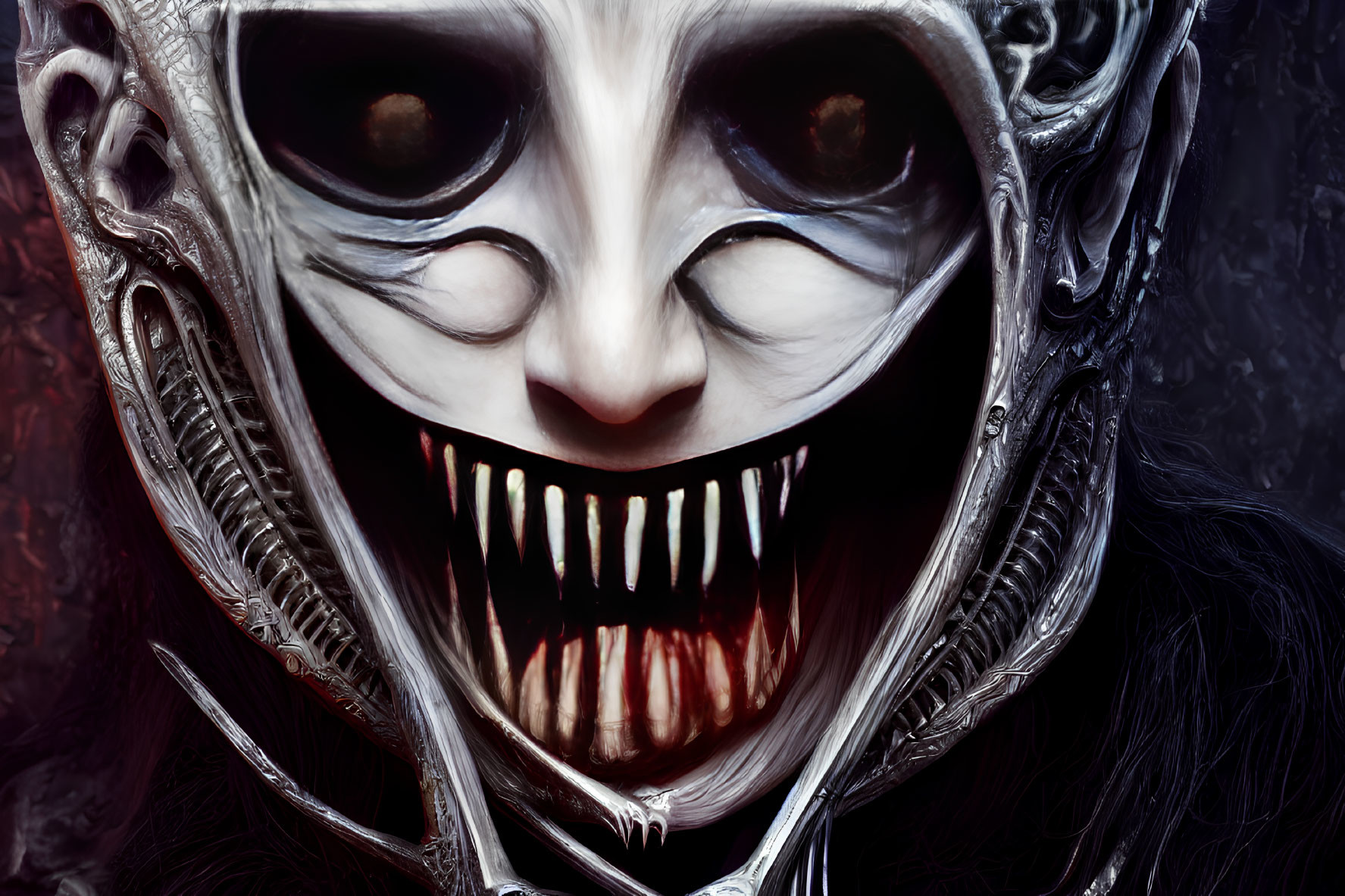 Menacing figure with pale, skeletal face and sharp teeth in dark setting