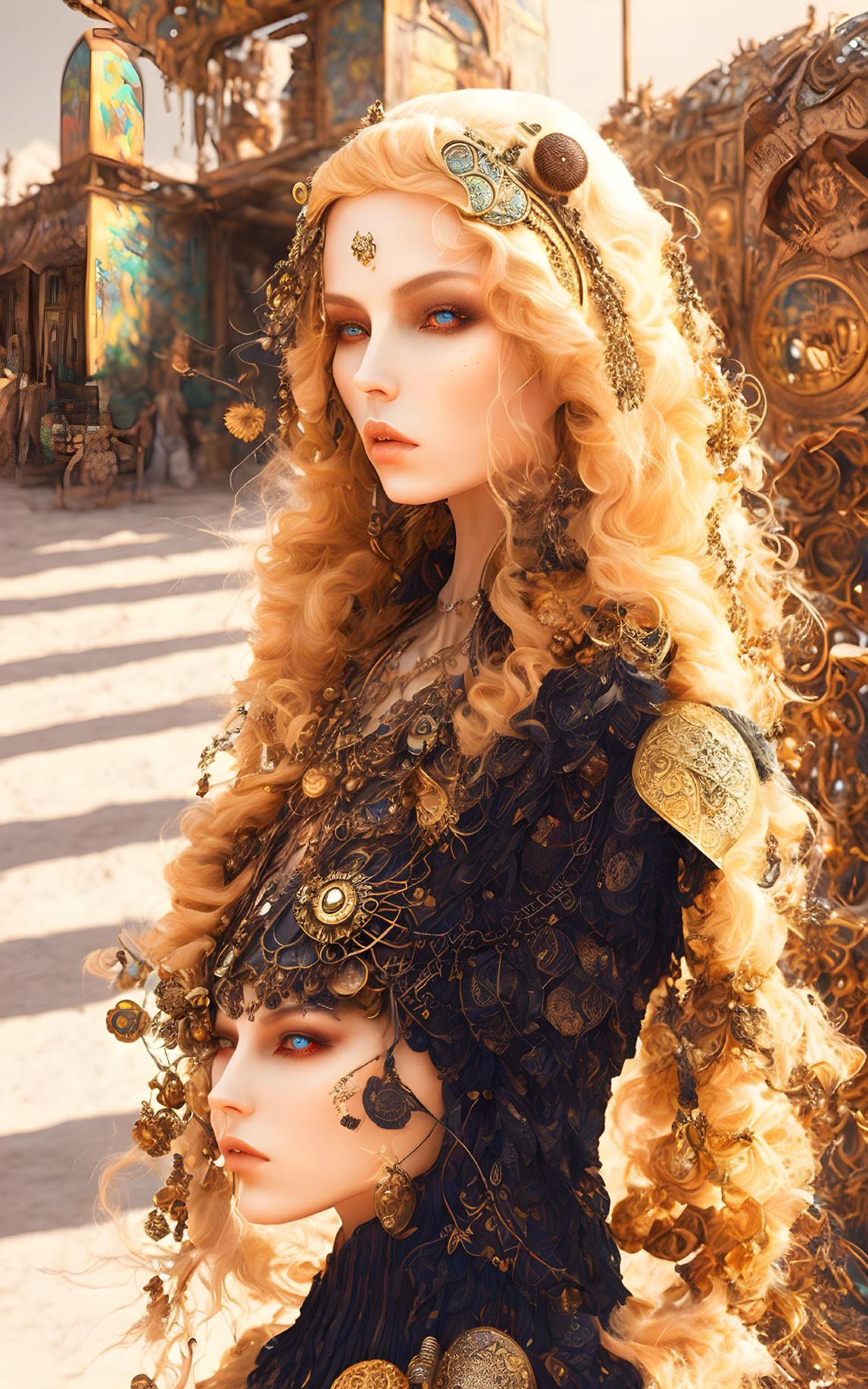 Two women in elaborate golden attire against ornate backdrop in fantasy setting.