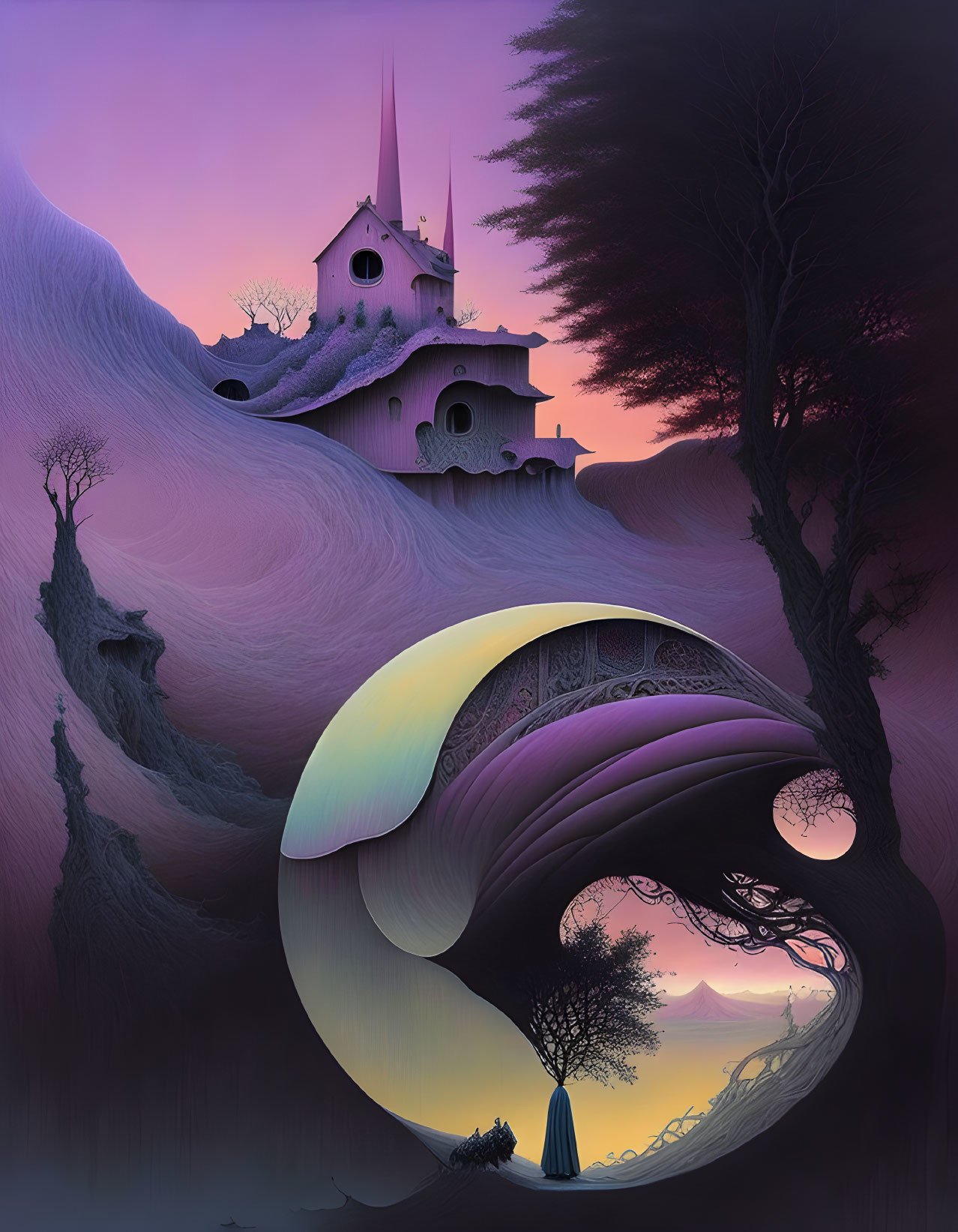 Surreal landscape with purple twilight sky, church on hill, whimsical trees, swirling land formations