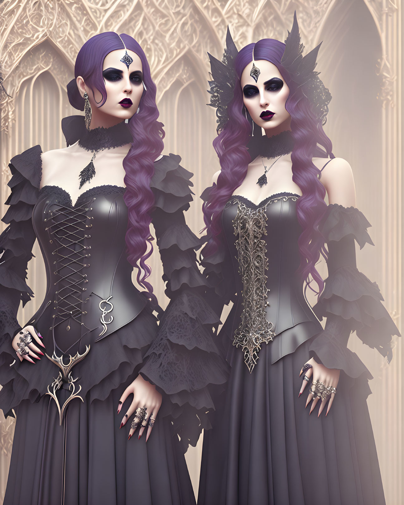 Two Women in Victorian Gothic Fashion with Purple Hair