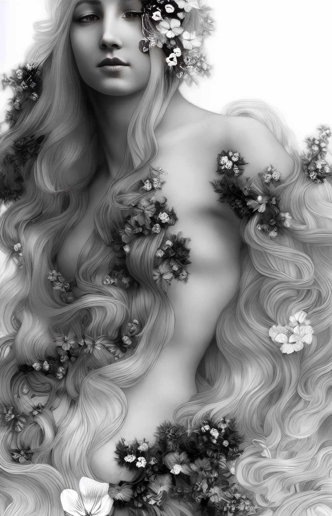 Monochromatic image of woman with flowing floral hair