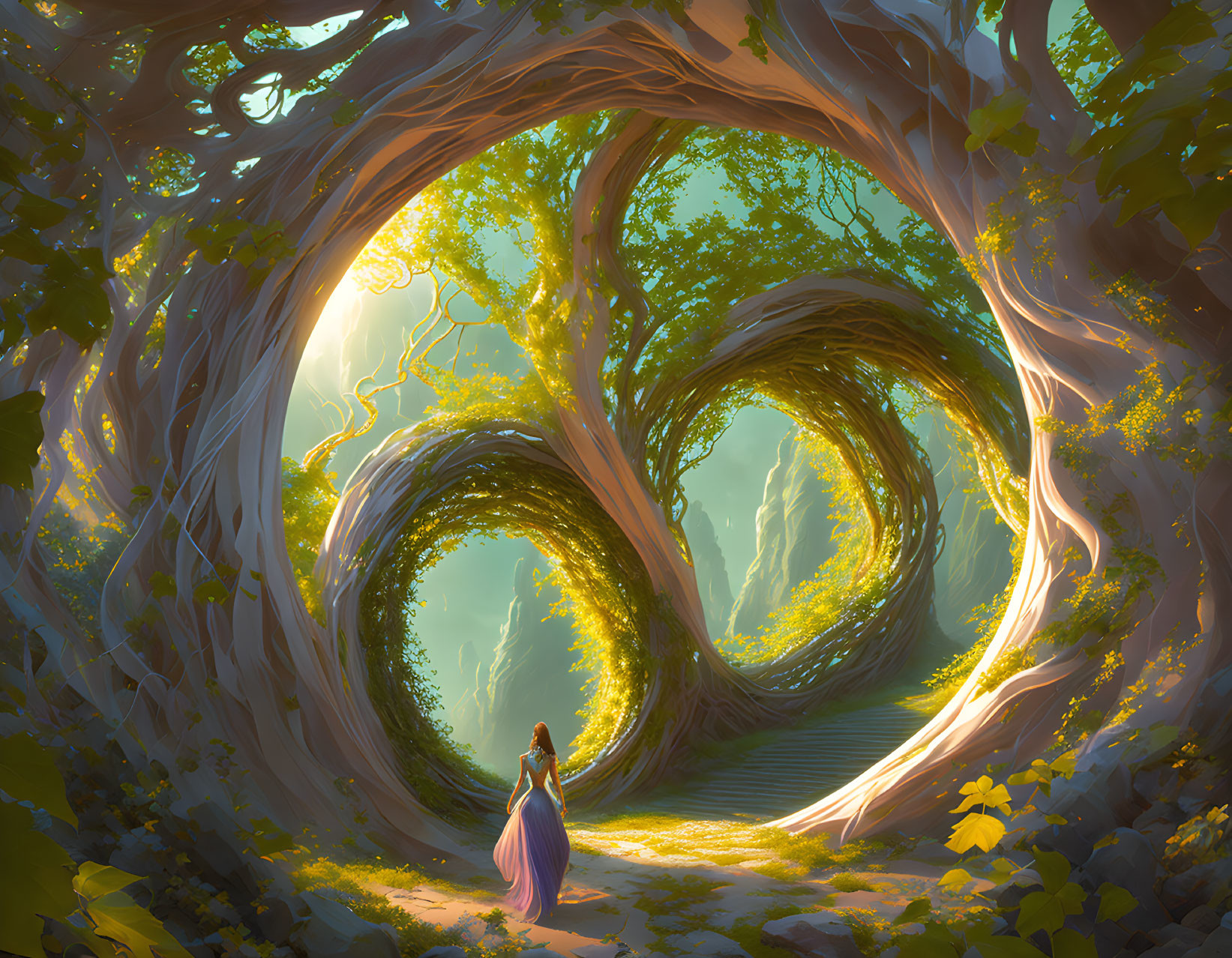 Purple-dressed person near heart-shaped tree archway in lush forest