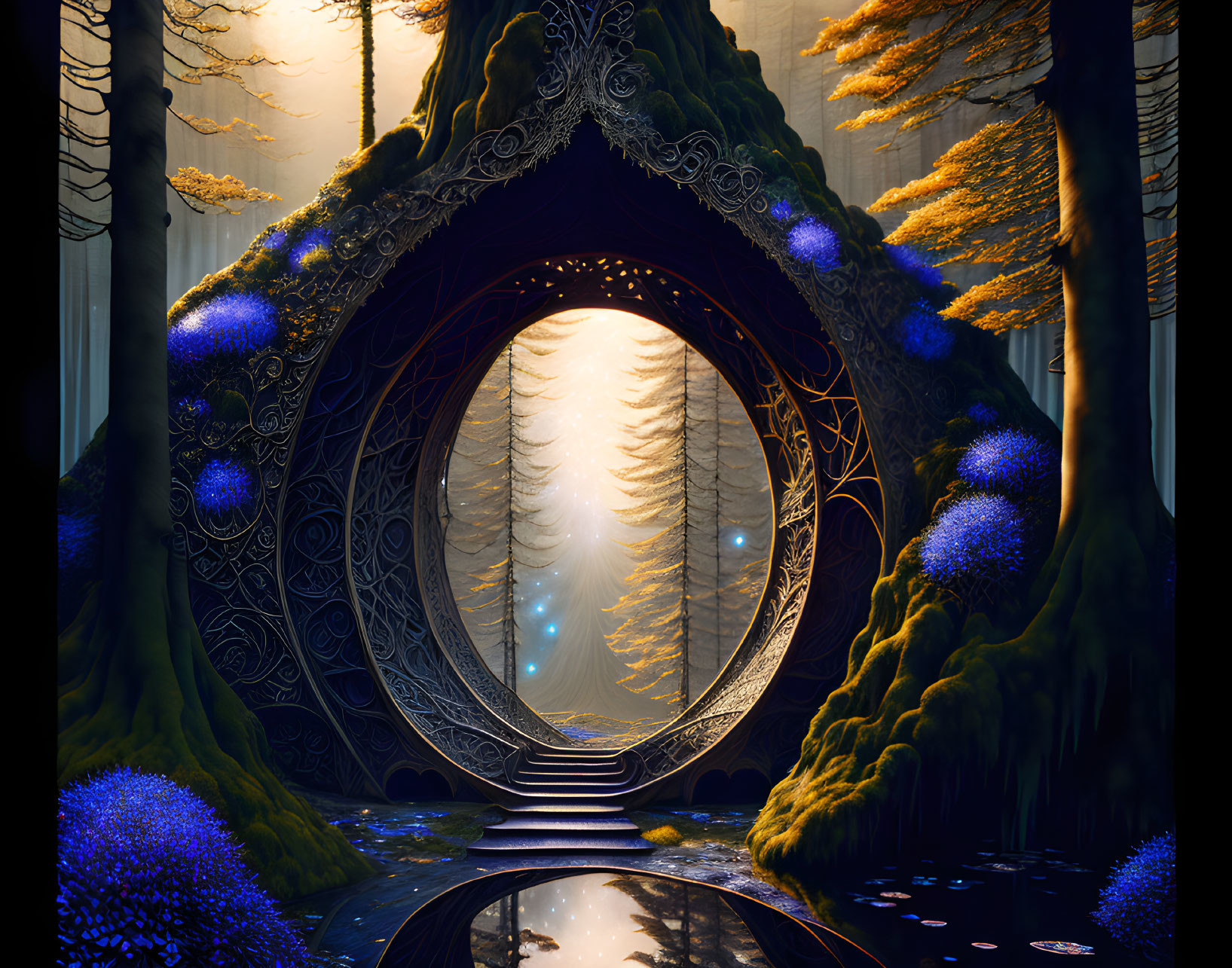 Circular portal in mystical forest with glowing blue flora and golden trees