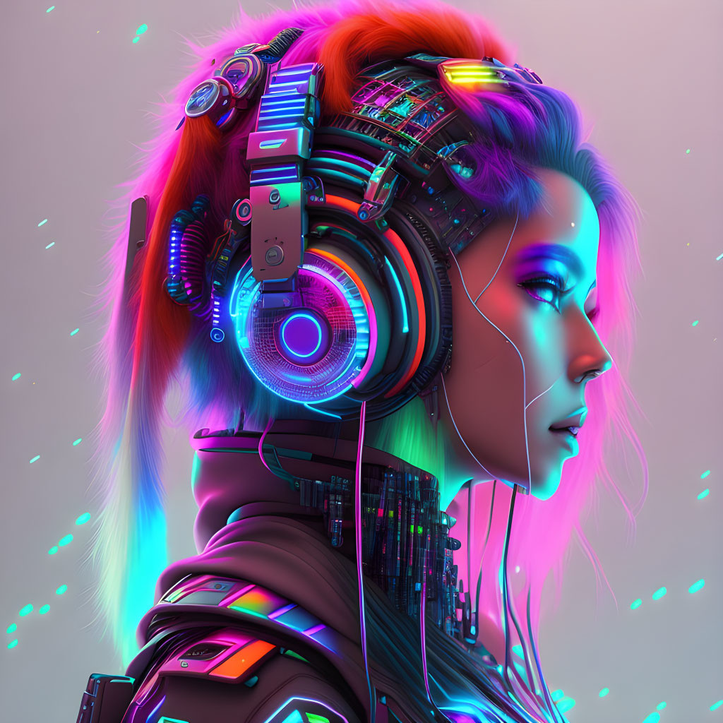 Colorful digital artwork: Woman with neon hair and futuristic headphones, cybernetic details & dynamic lighting