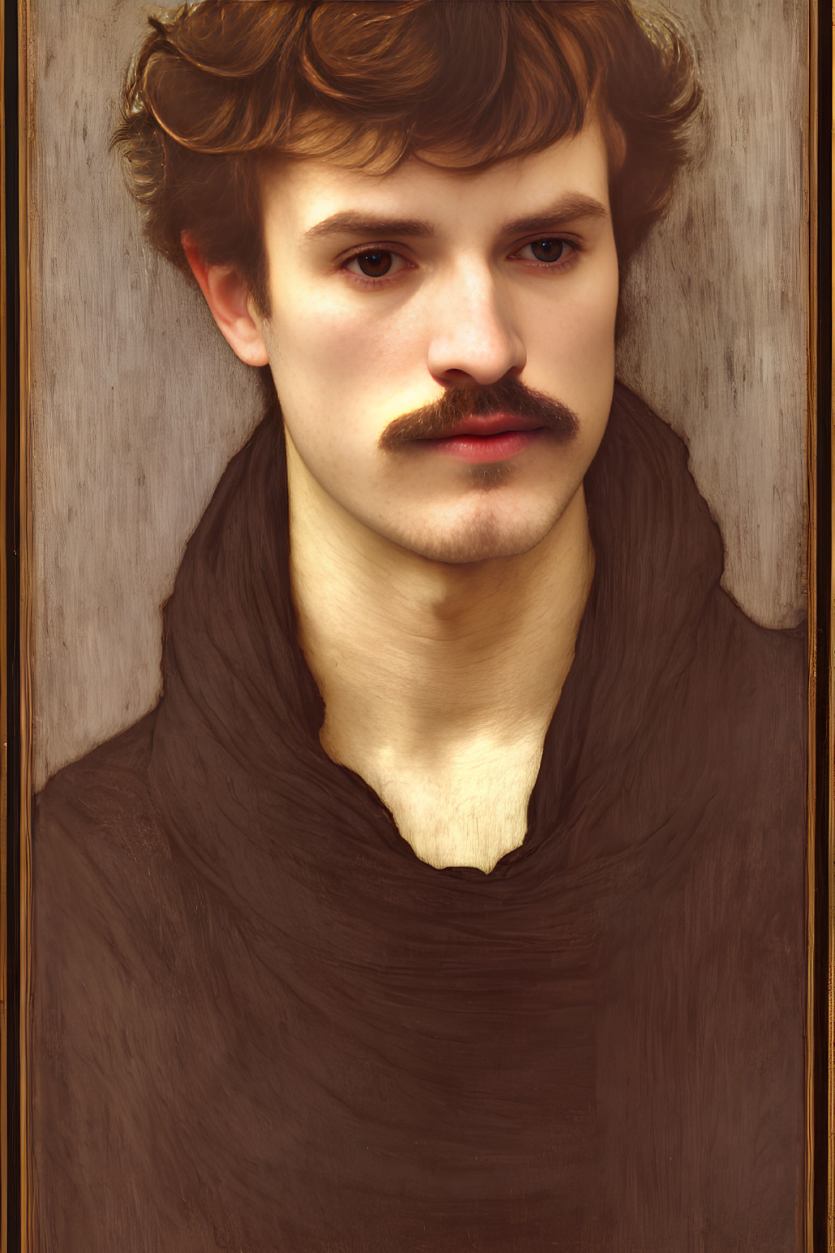 Realistic portrait of young man with curly hair and mustache in ornate frame