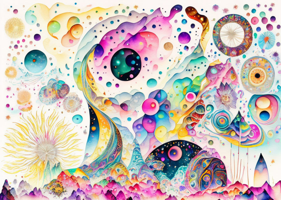 Vibrant abstract illustration with swirling patterns and cosmic theme