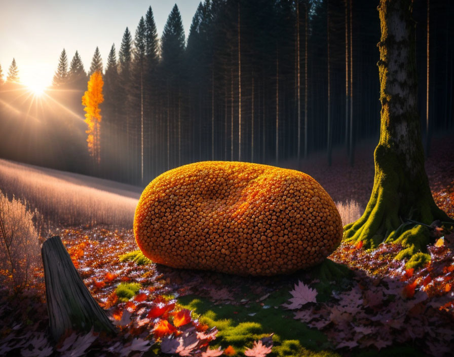 Giant loofah sponge in forest at sunrise